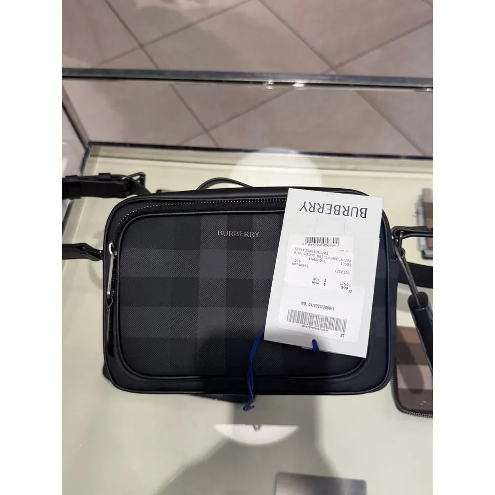 Burberry Black charcoal Check Leather Messenger Bag